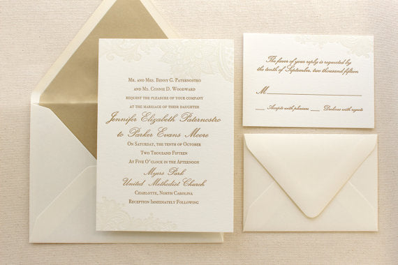 Vintage Floral Lace – Formal Letterpress Wedding Invitation Suite