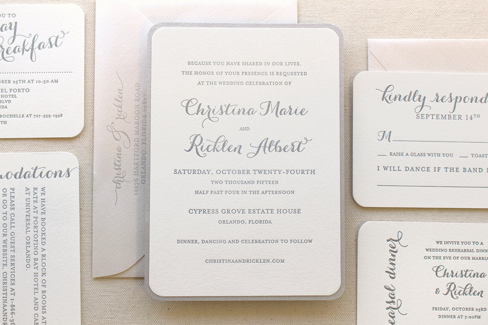 Modern Fairy Tale Letterpress Wedding Invitation Snowdrop Suite