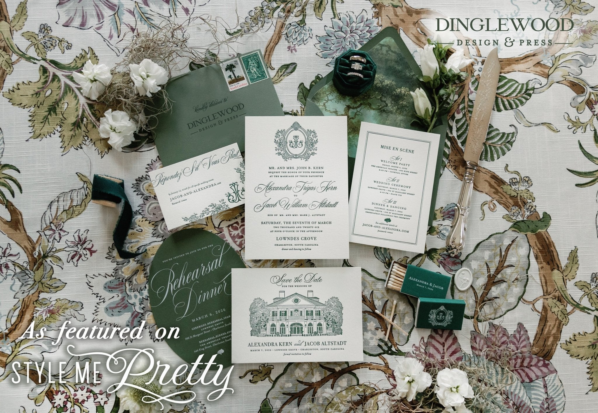Featured on Style Me Pretty: Alexandra & Jacob’s Garden Romance and Rococo Elegance at Lowndes Grove - Dinglewood Design & Press