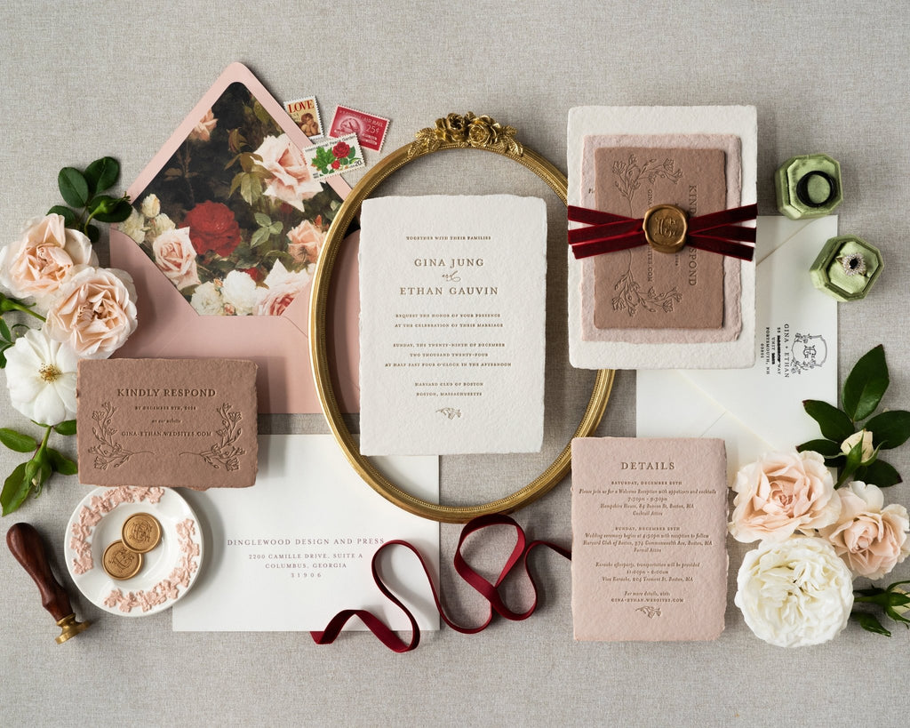 The Eliza Suite in Mocha Rose Gold - SAMPLE Letterpress Wedding Invitation - Dinglewood Design & Pressletterpress