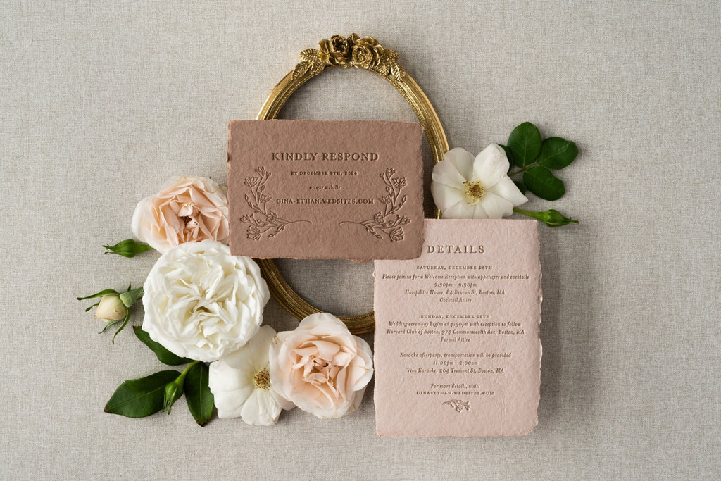 The Eliza Suite in Mocha Rose Gold - SAMPLE Letterpress Wedding Invitation - Dinglewood Design & Pressletterpress