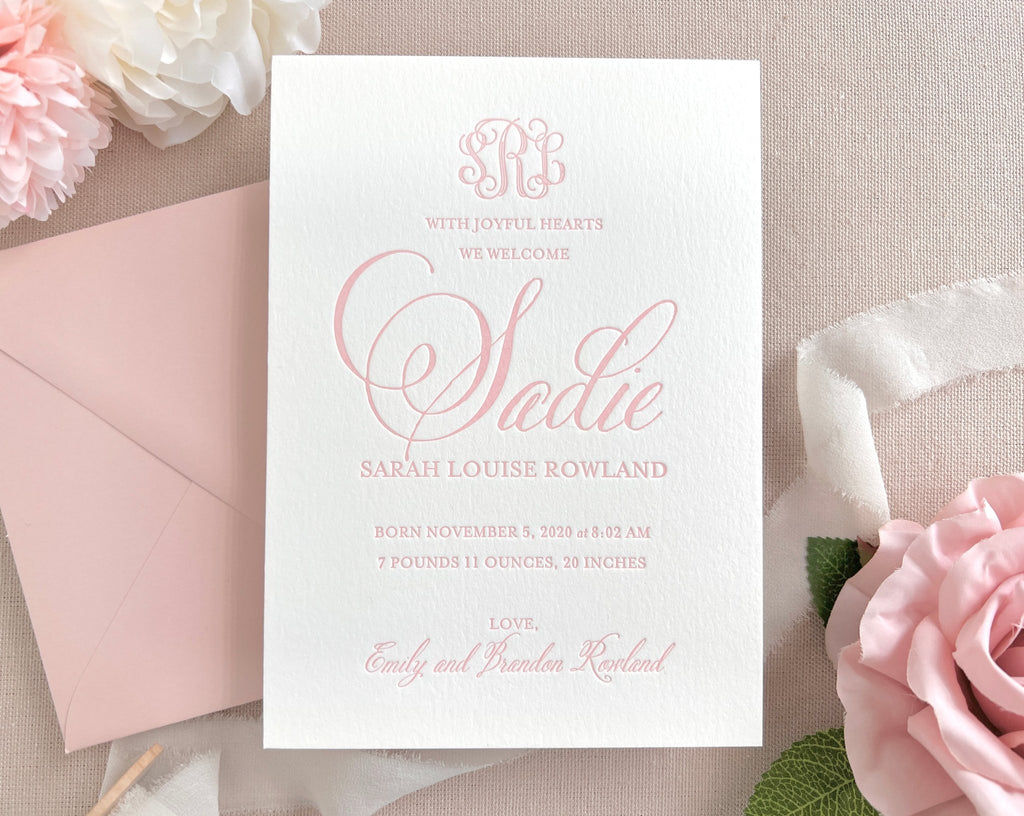 Sadie - Letterpress Birth Announcements - Dinglewood Design & Pressletterpress