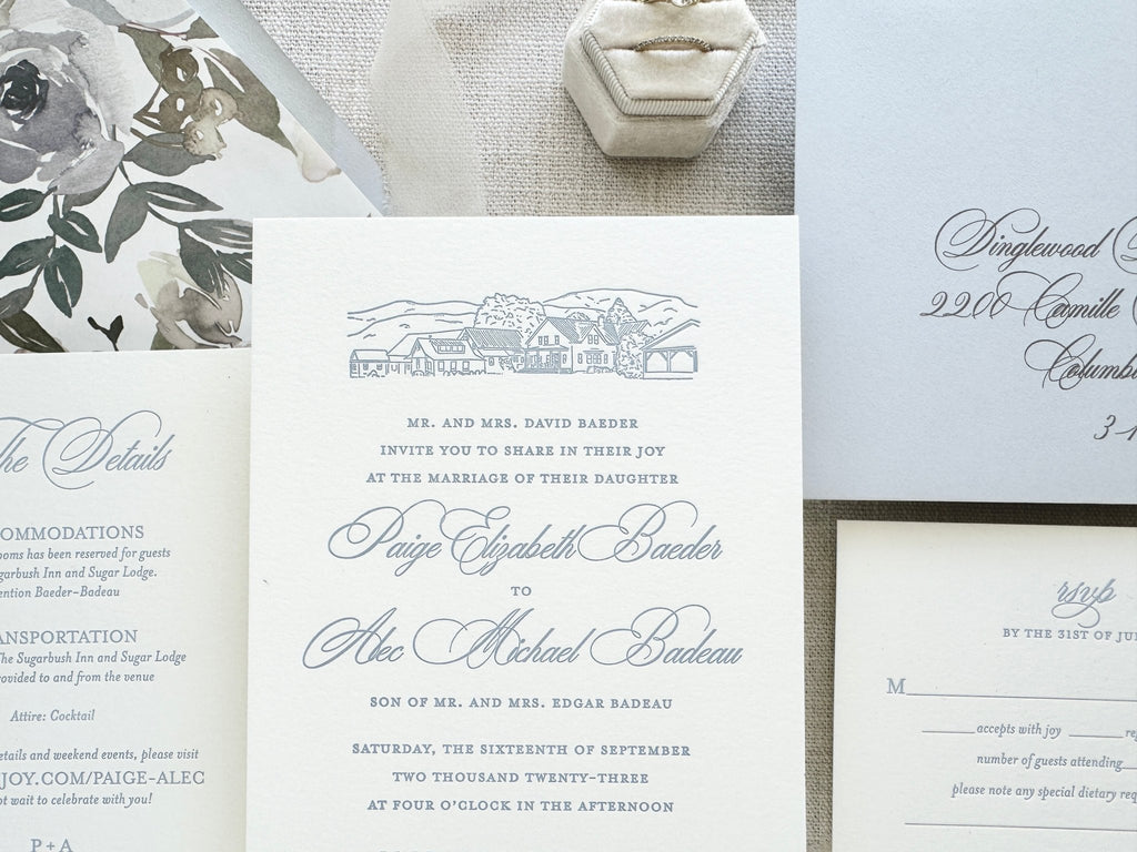 The Mountain Suite - SAMPLE Letterpress Wedding Invitation - Dinglewood Design & Pressletterpress