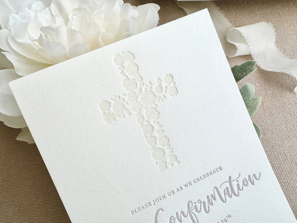 Floral Cross - Letterpress Confirmation Invitation - Dinglewood Design & Pressletterpress