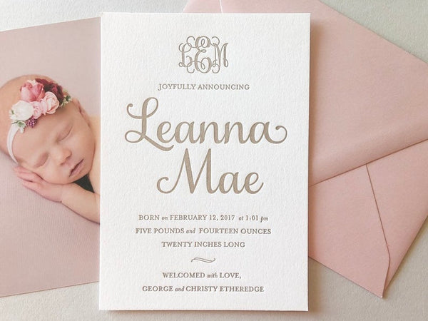 Leanna - Letterpress Birth Announcements - Dinglewood Design & Pressletterpress