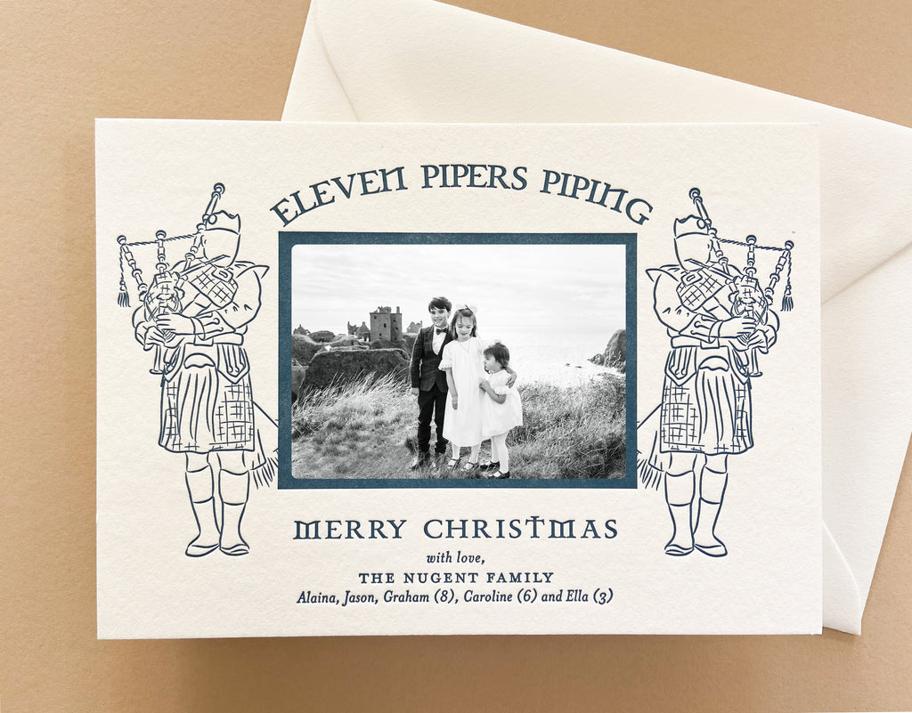 Eleven Pipers Piping Horizontal - Letterpress Holiday Cards